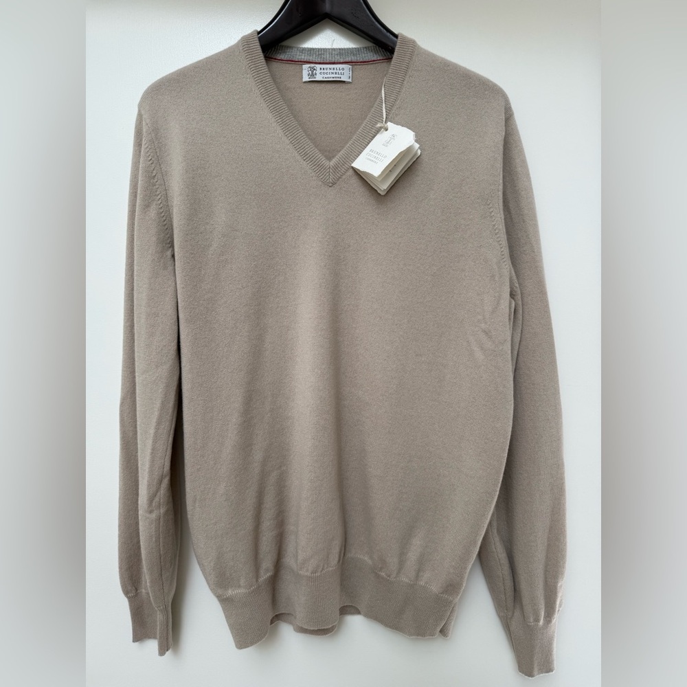Brunello Cucinelli V-Neck Cashmere Sweater - Buff - Size 52 - NWT